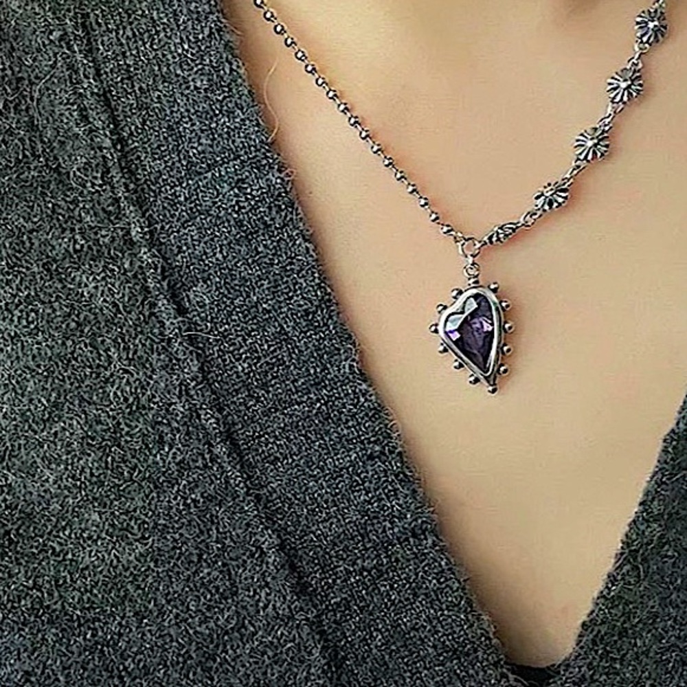 Heart Amethyst Sterling Silver Pendant Charm Punk Necklace - Picture 6 of 7